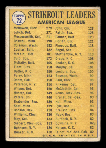 1970 Topps Sam McDowell / Mickey Lolich / Andy Messersmith #72 1969 AL Strikeout Leaders VG-EX — Example A back of card