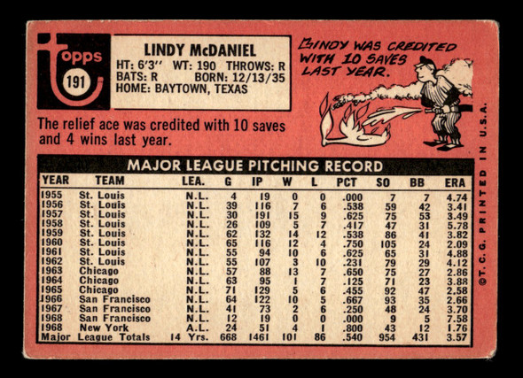 1969 Topps Lindy McDaniel #191 New York Yankees VG-EX back of card