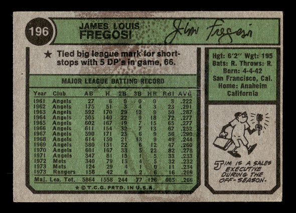 1974 Topps Jim Fregosi #196 Texas Rangers VG-EX back of card