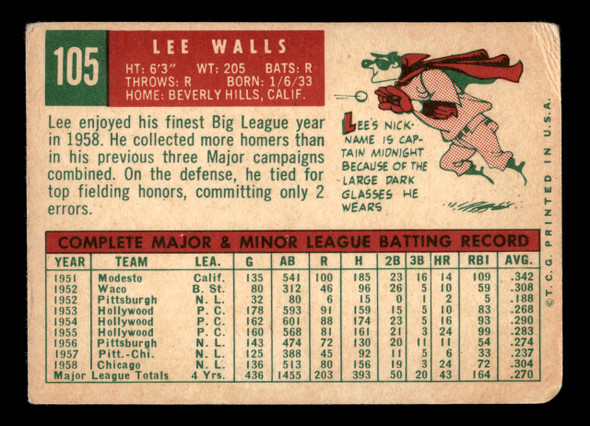 1959 Topps Lee Walls #105 Chicago Cubs VG back of card
