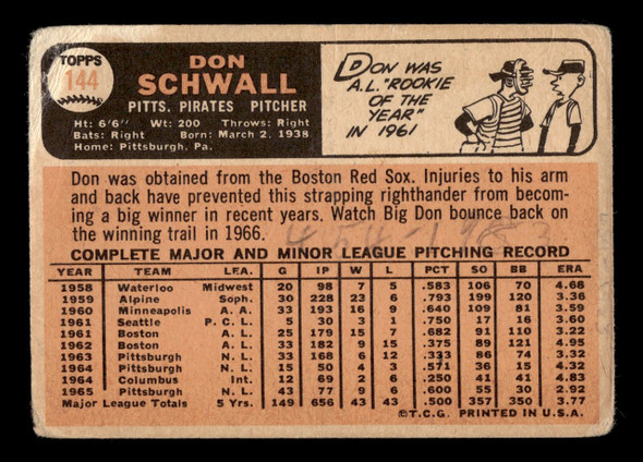 1966 Topps Don Schwall #144 Pittsburgh Pirates VG back of card