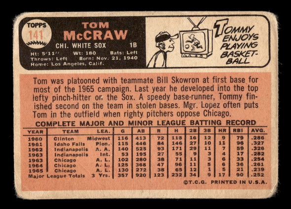 1966 Topps Tommy McCraw #141 Chicago White Sox VG back of card