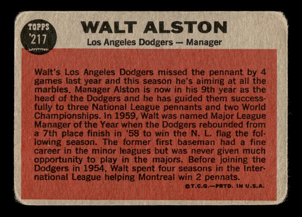 1962 Topps Walter Alston #217 Los Angeles Dodgers HOF Good back of card