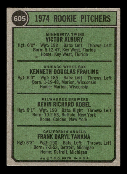 1974 Topps Vic Albury / Ken Frailing / Kevin Kobel / Frank Tanana #605 Rookie Pitchers RC VG-EX back of card