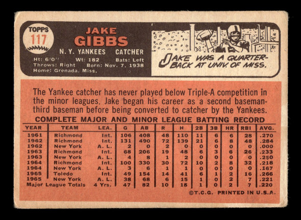 1966 Topps Jake Gibbs #117 New York Yankees VG-EX back of card