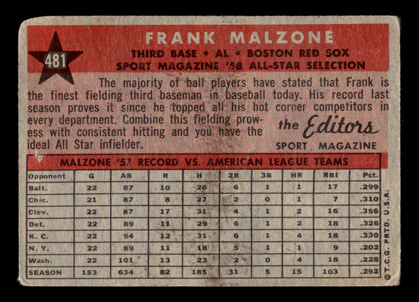 1958 Topps Frank Malzone #481 Boston Red Sox VG-EX back of card