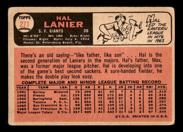 1966 Topps Hal Lanier #271 San Francisco Giants VG-EX back of card