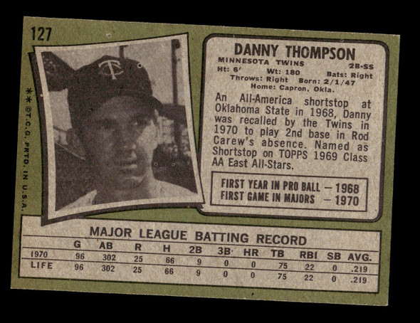 1971 Topps Danny Thompson #127 Minnesota Twins RC VG back of card