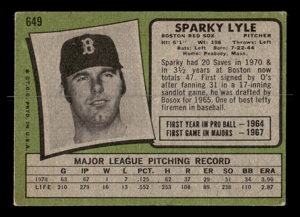 1971 Topps Sparky Lyle #649 Boston Red Sox High Number Low Grade - Creases - Back