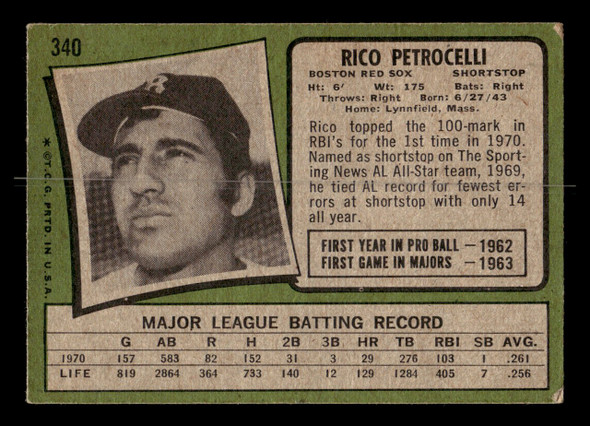 1971 Topps Rico Petrocelli #340 Boston Red Sox Low Grade - Creases - Back