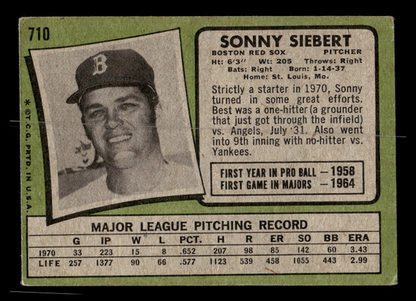 1971 Topps Sonny Siebert #710 Boston Red Sox High Number Low Grade - Creases - Back