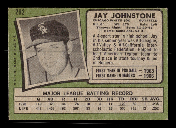 1971 Topps Jay Johnstone #292 Chicago White Sox Low Grade - Marks - Back