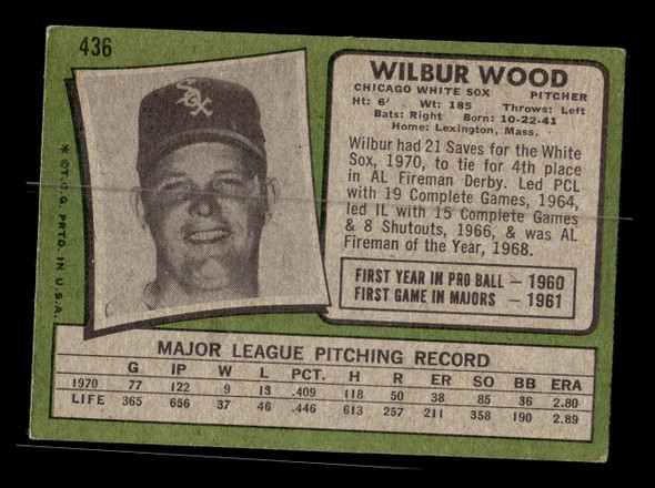 1971 Topps Wilbur Wood #436 Chicago White Sox Good - Back