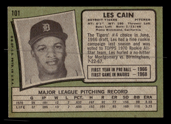 1971 Topps Les Cain #101 Detroit Tigers VG - Back