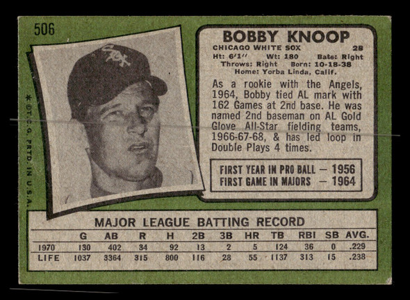 1971 Topps Bobby Knoop #506 Chicago White Sox Good - Back