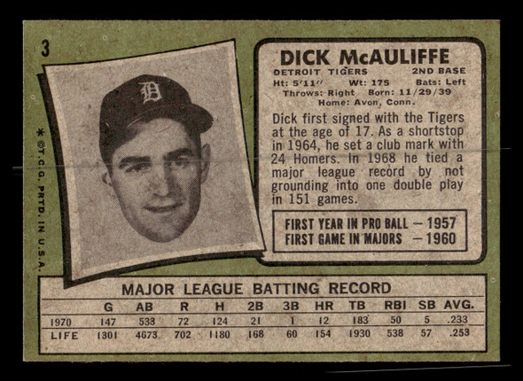 1971 Topps Dick McAuliffe #3 Detroit Tigers VG - Back