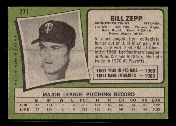 1971 Topps Bill Zepp #271 Minnesota Twins Good - Back