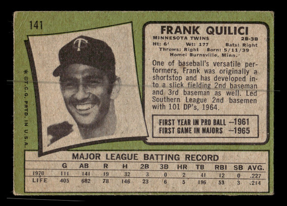 1971 Topps Frank Quilici #141 Minnesota Twins Low Grade - Creases - Back