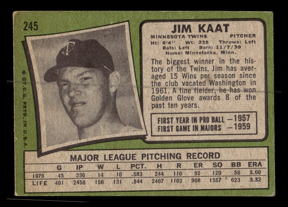1971 Topps Jim Kaat #245 Minnesota Twins HOF Low Grade - Creases - Back