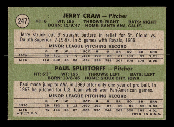 1971 Topps Jerry Cram / Paul Splittorff #247 Rookie Stars Kansas City Royals RC Low Grade - Creases - Back