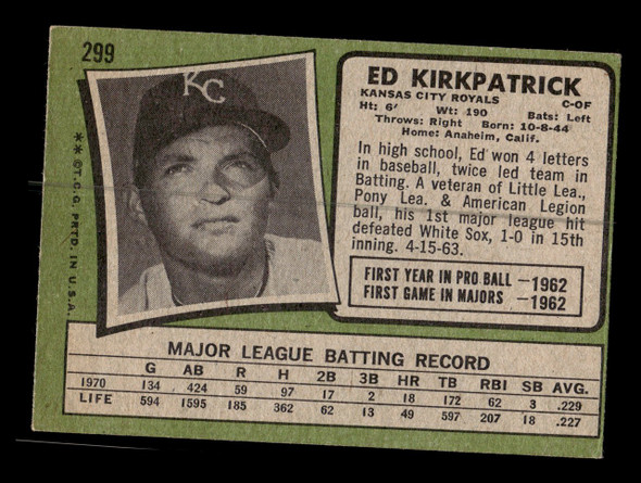 1971 Topps Ed Kirkpatrick #299 Kansas City Royals Good - Back