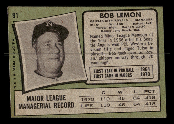 1971 Topps Bob Lemon #91 Manager Kansas City Royals HOF VG - Back