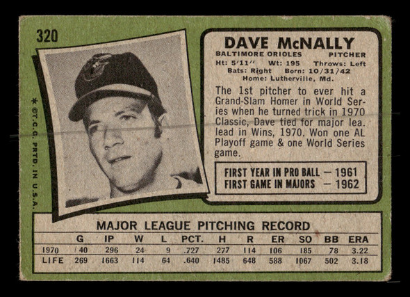 1971 Topps Dave McNally #320 Baltimore Orioles Low Grade - Creases - Back