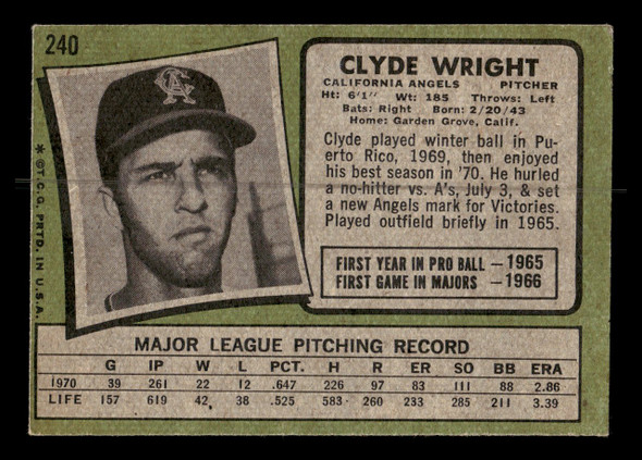 1971 Topps Clyde Wright #240 California Angels Low Grade - Creases - Back