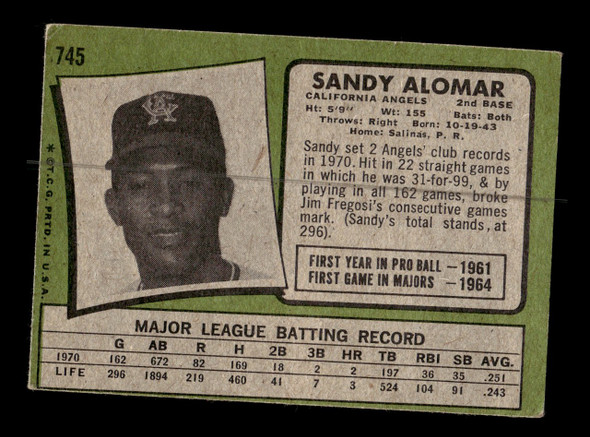1971 Topps Sandy Alomar #745 California Angels High Number Low Grade - Creases - Back