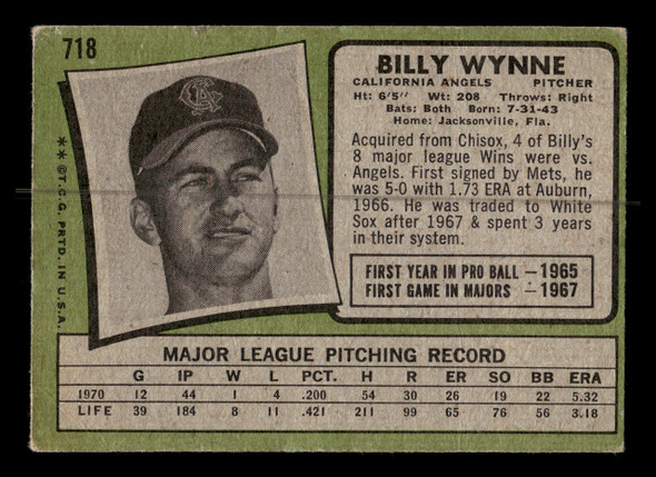 1971 Topps Billy Wynne #718 California Angels High Number Low Grade - Creases - Back