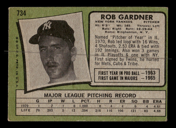 1971 Topps Rob Gardner #734 New York Yankees High Number Low Grade - Marks - Back