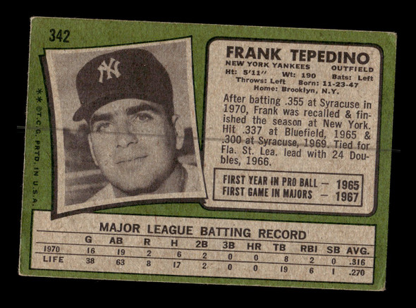 1971 Topps Frank Tepedino #342 New York Yankees Low Grade - Creases - Back