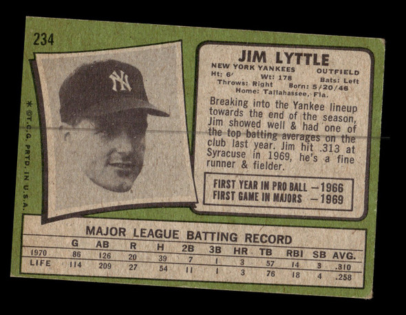 1971 Topps Jim Lyttle #234 New York Yankees Low Grade - Creases - Back