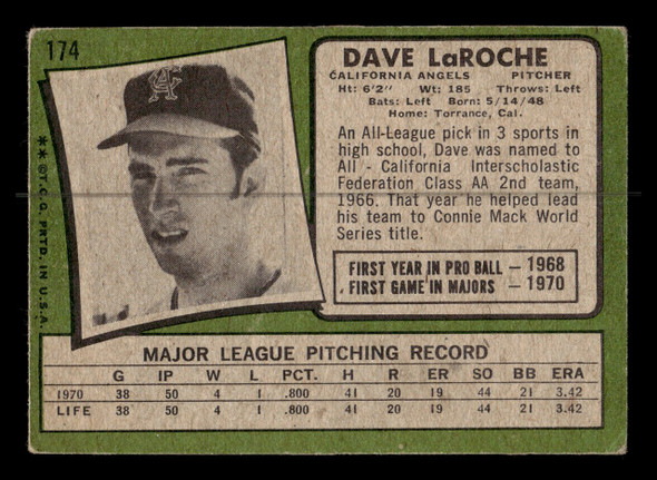 1971 Topps Dave LaRoche #174 California Angels RC Good - Back