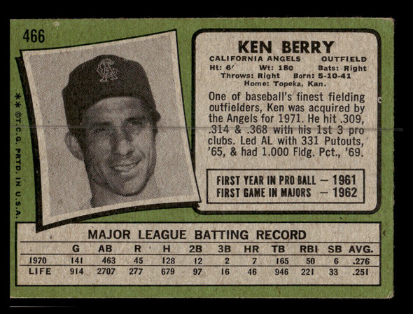 1971 Topps Ken Berry #466 California Angels Low Grade - Creases - Back