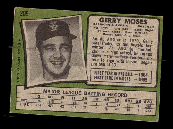 1971 Topps Gerry Moses #205 California Angels Low Grade - Creases - Back