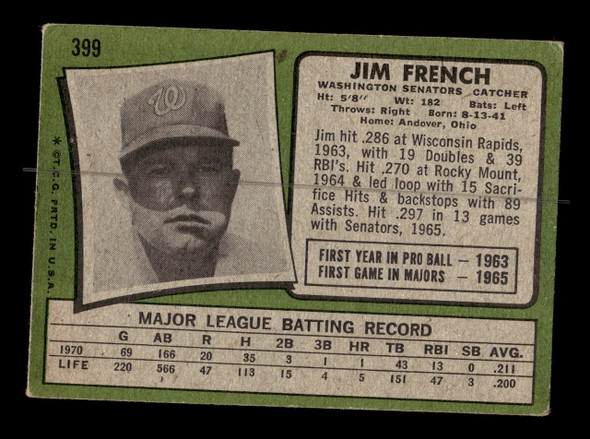 1971 Topps Jim French #399 Washington Senators Low Grade - Creases - Back