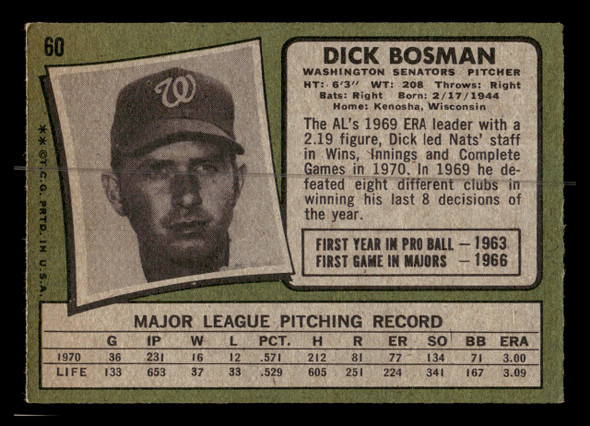 1971 Topps Dick Bosman #60 Washington Senators Good - Back