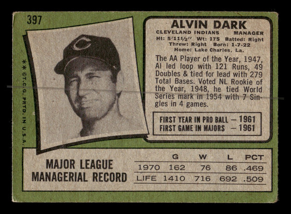 1971 Topps Alvin Dark #397 Cleveland Indians Low Grade - Creases - Back