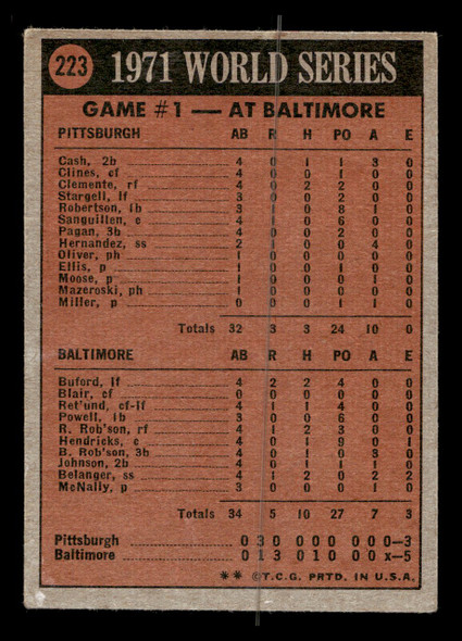 1972 Topps 1971 World Series Game 1 #223 Baltimore Orioles / Pittsburgh Pirates Low Grade - Creases - Back