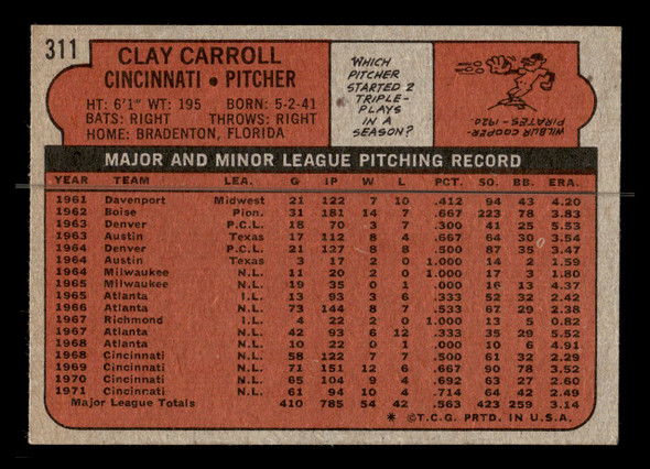 1972 Topps Clay Carroll #311 Cincinnati Reds Good - Back
