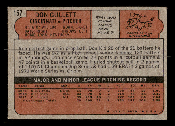 1972 Topps Don Gullett #157 Cincinnati Reds Low Grade - Creases - Back