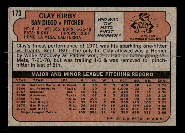 1972 Topps Clay Kirby #173 San Diego Padres Low Grade - Creases - Back