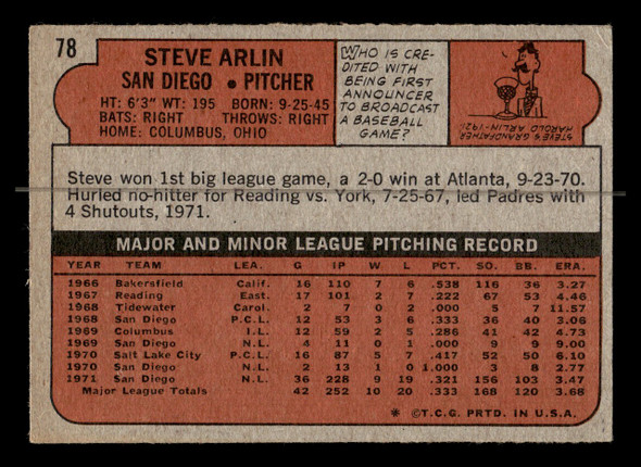 1972 Topps Steve Arlin #78 San Diego Padres RC Low Grade - Marks - Back