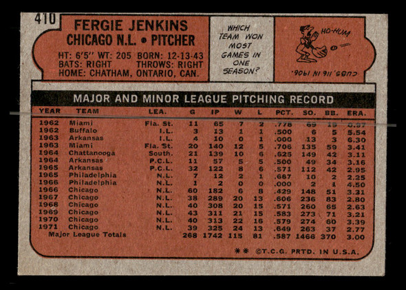 1972 Topps Fergie Jenkins #410 Chicago Cubs HOF Good - Back