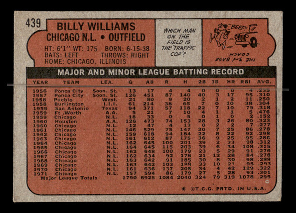 1972 Topps Billy Williams #439 Chicago Cubs HOF Low Grade - Creases - Back