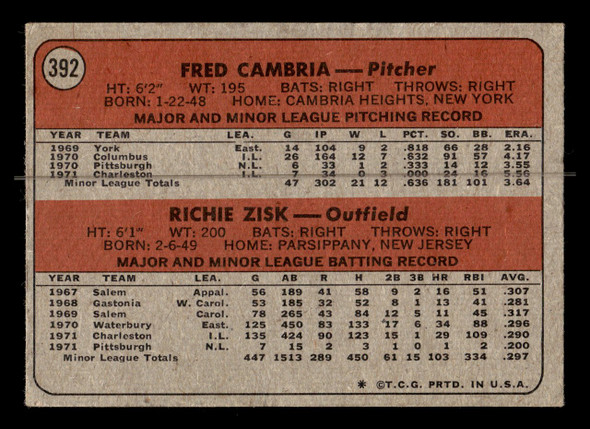 1972 Topps Pirates Rookies - Fred Cambria / Richie Zisk #392 Rookie Stars Pittsburgh Pirates RC VG - Back