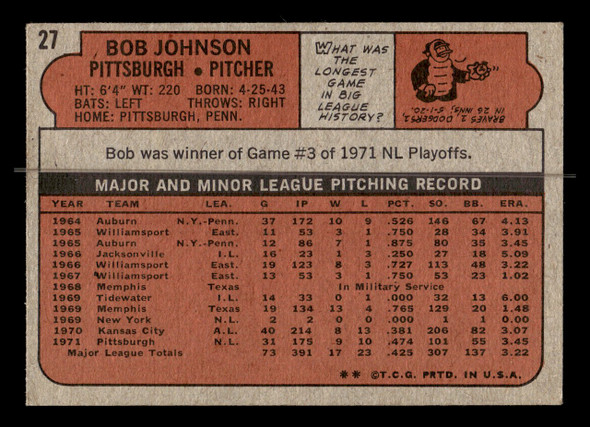1972 Topps Bob Johnson #27 Pittsburgh Pirates VG - Back