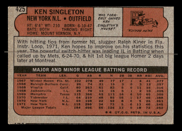 1972 Topps Ken Singleton #425 New York Mets Low Grade - Creases - Back