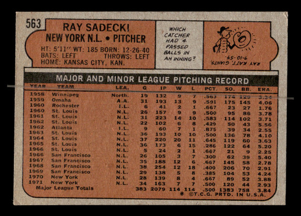 1972 Topps Ray Sadecki #563 New York Mets Low Grade - Creases - Back